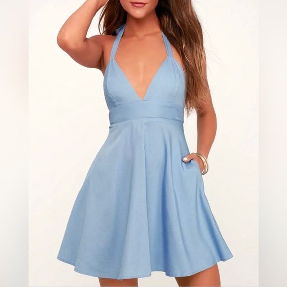 Lulus Dresses & Skirts - Lulu’s I’m Smitten Light Blue Chambray Mini Dress XS Halter Full Skirt P…